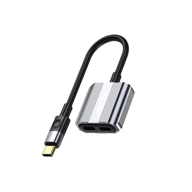 محول جرين لاين 2 في 1 بمنفذ Type-C، منفذين Type-C، شحن سريع 12 واط، يدعم الموسيقى والمكالمات، سهل الاستخدام، هيكل من سبائك الألمنيوم، خفيف الوزن ومتين - رمادي
