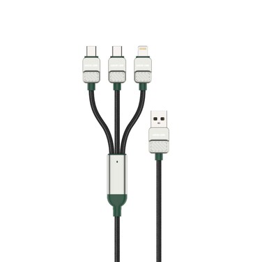 كابل Green Lion 3 في 1 مطلي بالكهرباء، شحن 60 وات، USB-C إلى USB-C، USB-C إلى Lightning، طول 1.2 متر، آمن وآمن، سرعة نقل 480 ميجابت في الثانية، 10000 انحناء، سبائك الألومنيوم - أسود