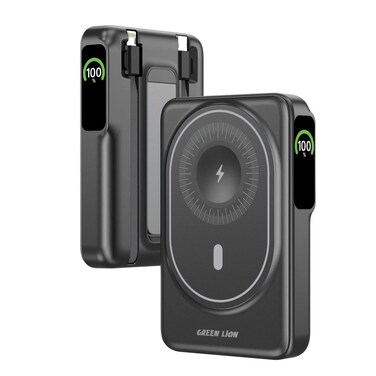 Green Lion Mag-Vision 10000mAh Power Bank, 20W &amp; 22.5W Fast Charge, 15W Wireless Charging, OLED Display, iWatch &amp; AirPods Outputs, Built-in Cables, Black