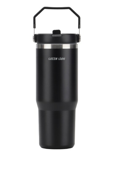 Green Lion Vacuum Tumbler with Flip Straw Lid, 900mL Capacity, Double-Wall Vacuum Insulation, SUS304 Stainless Steel Inner, Portable Handle, 14-32H Cold, 12-24H Hot Retention, Black
