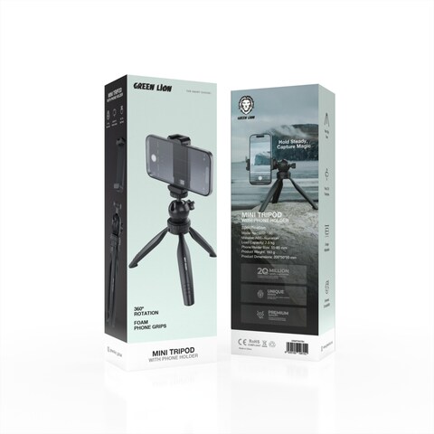 Green Lion Mini Tripod with Phone Holder, 360&deg; Rotation, 90&deg; Tilt Ball Head, 2-Angle Adjustable, Non-Slip Feet, 2.5kg Load Capacity, Universal Compatibility, Black
