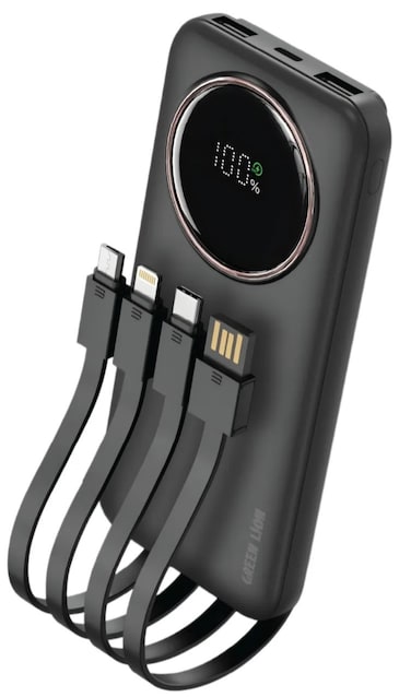 باور بانك جرين ليون باور بالس 10000mAh مع كابل مدمج، شحن سريع PD 22.5W، شاشة رقمية، حزام سيليكون، شريحة تبريد، حماية متعددة – أسود
