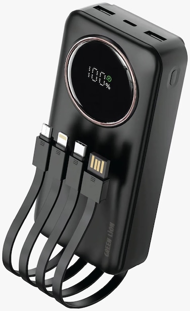 Green Lion Power Pulse 20000mAh Power Bank, PD 22.5W, portable, digital display, fast charge support, Micro + Lightning + Type-C + USB-A integrated cables - Black
