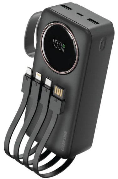 جرين ليون باور بنك باور بالس 30000mAh، كابل مدمج، شحن سريع PD 22.5W، شاشة رقمية، حزام سيليكون، شريحة تبريد وحماية متعددة لشحن آمن للأجهزة.
