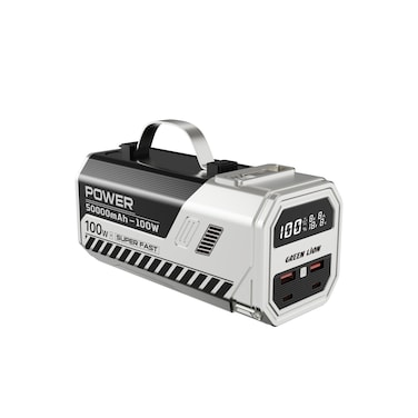 Green Lion Power Max 100W 50000mAh Power Bank, 1.5m Retractable Cable, 2&times; USB-A &amp; 2&times; USB-C Ports, Digital Display, High Lumens LED Flashlight, Multi-Device Charging - Silver
