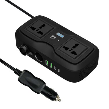 Green Lion GC-233 Power Inverter, 200W Rated Power, 2 Universal Sockets, 2 USB-A Ports, 2 USB-C Ports (PD 20W, QC 18W), LED Indicator, Digital Display, Black
