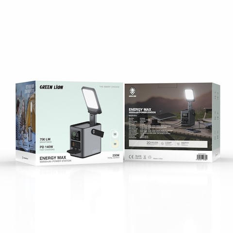 محطة الطاقة Green Lion Energy Max بسعة 60000mAh، خرج 230W، إدخال طاقة شمسية، Type-C1 120W، Type-C2 65W، QC 22.5W USB-A، ضوء LED، شاشة رقمية، رمادي
