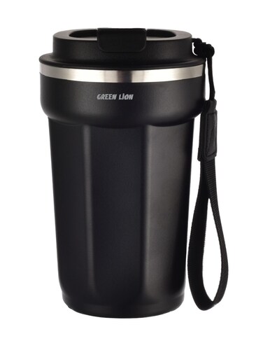 Green Lion Vacuum Mug 380mL Capacity Double Wall Vacuum Insulation Hot and Cold Retention 4 to 6 Hours Food Grade Stainless Steel 304 Inner and 201 Outer Bottle Carrier Strap Black