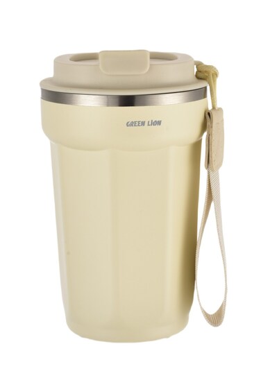 Green Lion Vacuum Mug Stainless Steel 380mL Capacity Double Wall Vacuum Insulation Hot and Cold Retention 4 to 6 Hours Bottle Carrier Strap Food Grade Materials Exquisite Design Beige
