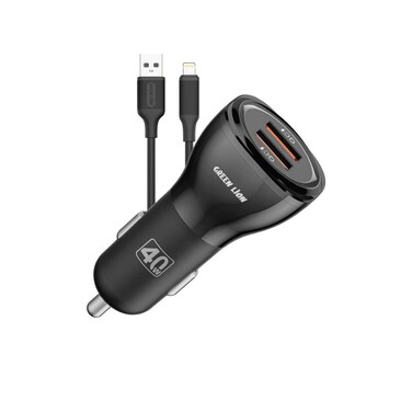 Green Lion Dual QC3.0 Car Charger 40W (QC 20W x2) with USB-A to Lightning Cable 1m, Dual USB-A Ports, Fast Charging, Multiple Protection, Compact Design, PC Flame Retardant Material
