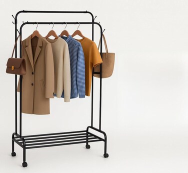 Heavy-Duty Clothes Drying Stand with Wheels &acirc;&euro;&ldquo; Double Rod Garment Rack &amp; Hanger Stand   Portable Laundry Organizer with Storage Shelf, Free-Standing Foldable Clothes Rack &acirc;&euro;&ldquo; Assorted Black/White