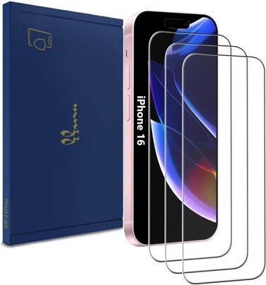 Muzz Clear Screen Protector for IPhone 16 (6.1-inch), 2.5D HD Tempered Glass, 9H Hardness, 3-Pack (iPhone 16)