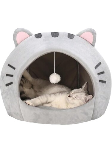 Indoor Cat Bed Cave with Removable Cushion - Pet Plush Tent House Cartoon Ear Design Pet Bed with Pompom for Cats Kitten Dogs Puppy and Rabbit (Grey, S)