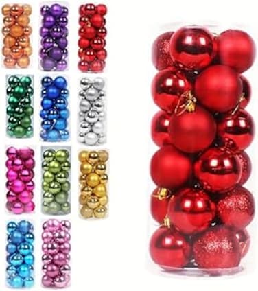 24-Pack Christmas Tree Ball Ornaments - 3cm Color Variations in Blue, Pink, Red, and Silver (Red)