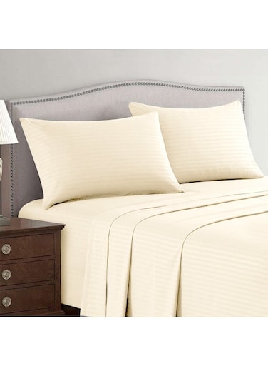 Linen Klub DEYARCO Hotel Linen Double Bed Sheet 3pcs Set, 100% Cotton 250Tc Sateen 1cm Stripe, Size: 220x240cm + 2pc Pillowcase 50x75cm, Cream