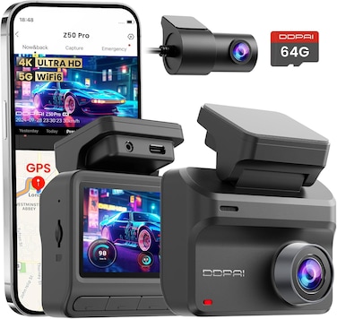 DDPAI Dash Cam Front and Rear 4K+1080P Dashcam for car, Included 64GB Card, Built-in 5G Wi-Fi 6 GPS, 3&#39;&#39; IPS Screen, 48H Parking Mode, Super Night Vision, ADAS, Loop Recording, Z50 Pro