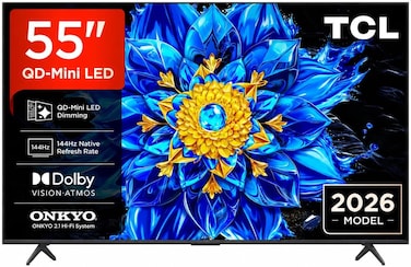 تلفزيون TCL 55P81L صغير الحجم تقنية LED 4K تقنية QD-Mini، مقاس 55 بوصة، يدعم Google TV، معدل تحديث 144 هرتز، تقنية Dolby Vision Atmos، منفذ HDMI 2.1، Game Master، تغطية 93% من نطاق ألوان DCI-P3
