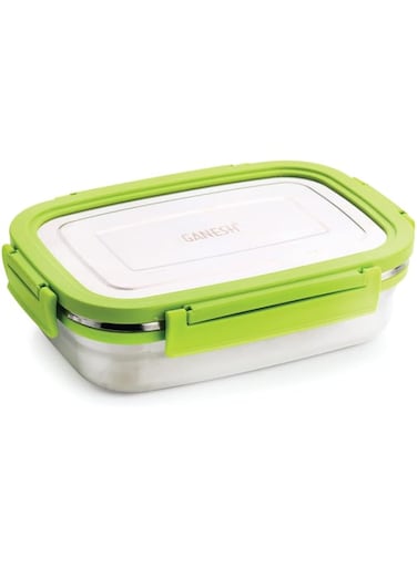 GANESH Solo Junior Stainless Steel Tiffin Lunch Box Container/Dabba with 4 Side Clip Lock Lid for Office &amp; School Use/Food Grade/Air Tight/Easy to Carry/Leak Proof (650 ml, Assorted)