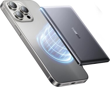 TORRAS MiniMag Power Bank, Ultra Slim 5,000 mAh Wireless Portable Charger with USB-C Cable, Fast Charging Magnetic Battery Pack, Magsafe-Compatible Charger for iPhone 16/15/14/13/12, Grey