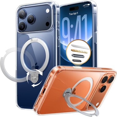 TORRAS Ostand Spin Series for iPhone 17 Pro Max Case, With Camera Control Button, 360&deg; Spin Magnetic Stand, MagSafe Compatible, Mil-Grade Protection Case with Kickstand &ndash; Q3 Spin, Clear