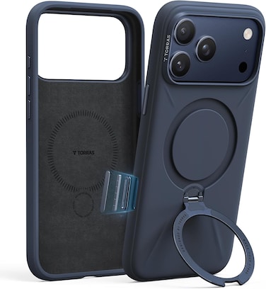 TORRAS Ostand Q3 Spin Silicone Series for iPhone 17 Pro Max (6.9-Inch) Case, Silicone Soft Rubber with 360&deg; Ring Stand And Camera Control, MagSafe Compatible, Q3 Protective Cover &ndash; Midnight Blue