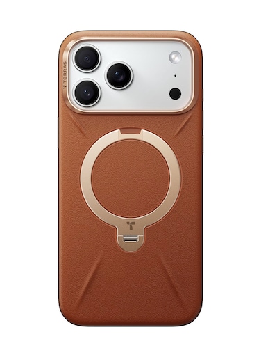 TORRAS Ostand Spin VegSkin Series Case for iPhone 17 Pro, Premium Leather Touch, Ultra-Thin, Magnetic 360&deg; Rotatable Metal Stand, Anti-Stain, MagSafe Compatible, Lightweight Cover &ndash; Amber Brown
