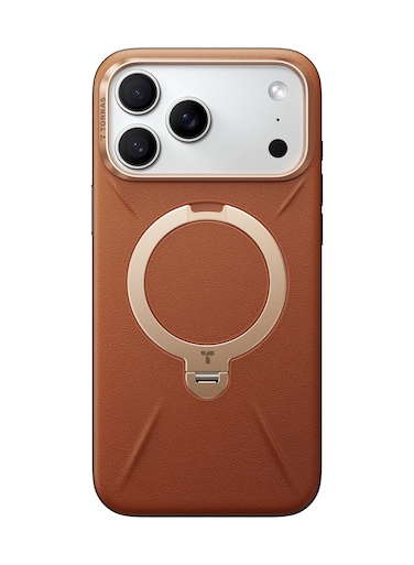 TORRAS Ostand Spin VegSkin Series Case for iPhone 17 Pro Max, Premium Leather Touch, Ultra-Thin, Magnetic 360&deg; Rotatable Metal Stand, Anti-Stain, MagSafe Compatible, Lightweight Cover &ndash; Amber Brown