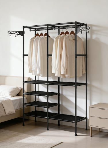 Black Heavy Duty Double Row Garment Rack, 3-in-1 Metal Freestanding Closet Organizer with Hanging Rods, Side Hooks &amp; Storage Shelves, Large Capacity Clothes Rack for Bedroom, Entryway &amp; Hallway
