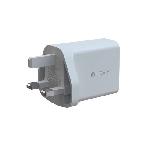 شاحن ديفيا سمارت سيريز PD & QC السريع بقوة 20 واط مع منفذي USB-A وType-C، شحن سريع، تصميم مدمج ومتين، حماية من الحرارة والتيار الزائد - أبيض
