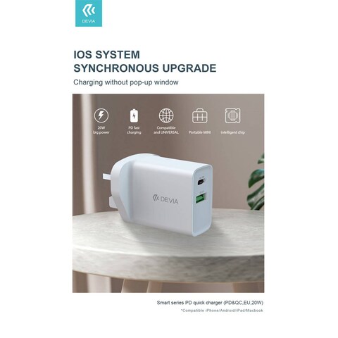 شاحن ديفيا سمارت سيريز PD & QC السريع بقوة 20 واط مع منفذي USB-A وType-C، شحن سريع، تصميم مدمج ومتين، حماية من الحرارة والتيار الزائد - أبيض
