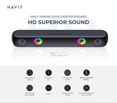 SK854BT Bluetooth Soundbar Speaker - Immersive Stereo Sound, RGB Lights, FM Radio, MicroSD &amp; AUX Support, Rechargeable Battery, Portable