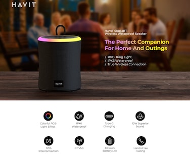 SK832BT Black Wireless Waterproof Speaker - RGB Light Effects, 10W Surround Sound, TWS, 8 Hours Battery Life, Bluetooth V5.3, IPX6 Rated