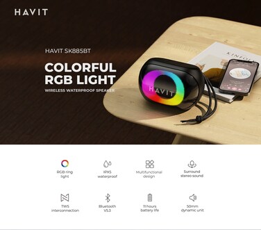 SK885BT Black Wireless Waterproof Speaker - RGB Lights, 8W Surround Sound, TWS Interconnection, 11 Hours Playback, Bluetooth V5.3, IPX5 Rated
