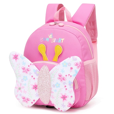 Sun Eight Toddler Backpack for Girls Ages 1-4, Preschool Cartoon Backpack with Anti-Lost Harness and Lunch Compartment, Cute 3D Butterfly School Bag, SE22065, Rose Butterfly