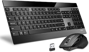 RAPOO 9900M Multi Mode Wireless Keyboard and Mouse Rechargeable Combo (Bluetooth 3.0/4.0/2.4G) English layout, Connect Up to 4 Devices, Extremely Thin Keyboard with Multi-Functional Mouse
