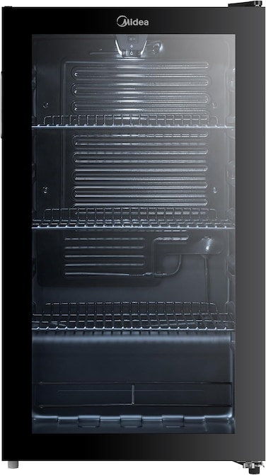 Midea Freestanding Single Door Beverage Cooler With 150L Gross &amp; 93L Net Capacity, Air-Cooled Thermostatic Wine Cabinet, Compact Cooler With Glass Door, Recessed Handle, Black - MDRW150FGG22AE