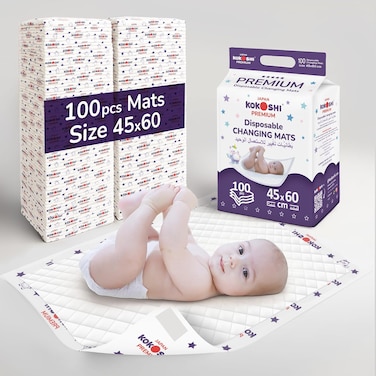 Kokoshi Premium Disposable Baby Changing Mats, 25Pcs (45&times;60cm) &ndash; Waterproof, Ultra-Soft, Leak-Proof, Highly Absorbent Pads with Adhesive Strips, Travel-Friendly