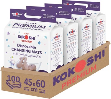 Kokoshi Premium Disposable Baby Changing Mats, 100Pcs (45&times;60cm) &ndash; Waterproof, Ultra-Soft, Leak-Proof, Highly Absorbent Pads with Adhesive Strips, Travel-Friendly