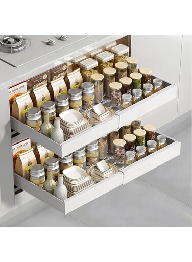 Fohome Pull Out Cabinet Organizer,Extendable Slide Out Drawer Storage Shelves for Kitchen Cupboard with Adhesive Film,Roll Out Shelf Storage for Kitchen Base Cabinet Organization,Pantry,Bathroom