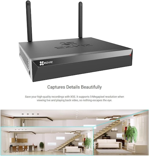 X5S-4W Wireless Network Video Recorder (NVR) with HDMI/VGA Output, Supports Up to 4 Wi-Fi Cameras, H.265 Video Compression, and 8TB Storage Capacity, Black