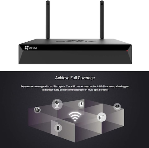X5S-4W Wireless Network Video Recorder (NVR) with HDMI/VGA Output, Supports Up to 4 Wi-Fi Cameras, H.265 Video Compression, and 8TB Storage Capacity, Black