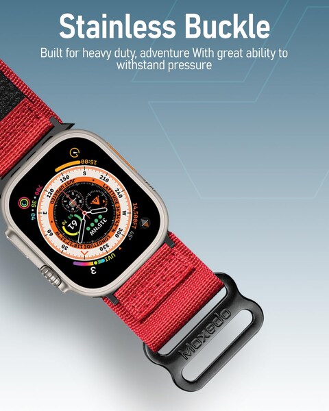 Moxedo MX23 Rugged Strap Breathable Nylon Braided Sports Band Compatible with Apple Watch Band Series 8/7/6/5/4/3/2/1/SE Ultra Woven Loop Design for 44mm/45mm/49mm (Red)