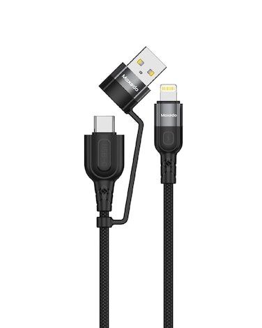 Moxedo 2 in 1 Charging Cable 30W Power Delivery Interchangeable USB-A/USB-C to L 1.2 Meters Braided Nylon Cable Compatible for iPhone 15/14/13/12/11 Pro Max, iPad and Samsung (Black)