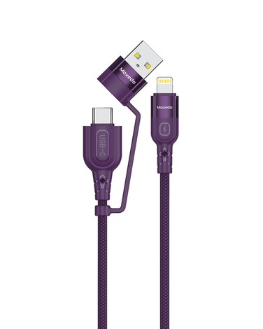 Moxedo 2 in 1 Charging Cable 30W Power Delivery Interchangeable USB-A/USB-C to L 1.2 Meters Braided Nylon Cable Compatible for iPhone 15/14/13/12/11 Pro Max, iPad and Samsung (Purple)