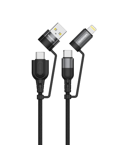 Moxedo 4 in 1 Charging Cable 60W Power Delivery Interchangeable USB-A/USB-C to USB-C/L 1.2 Meters Braided Nylon Cable Compatible for Android/iPhone 15/14/13/12/11 Pro Max, iPad (Black)
