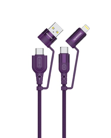Moxedo 4 in 1 Charging Cable 60W Power Delivery Interchangeable USB-A/USB-C to USB-C/L 1.2 Meters Braided Nylon Cable Compatible for Android/iPhone 15/14/13/12/11 Pro Max, iPad (Purple)