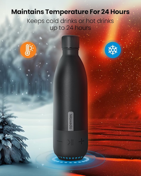 Moxedo Vacuum Flask with Built-in Wireless Speaker and LED Light Double Wall Vacuum Insulated Hot and Cold BPA Free 460ML for Gym, Home, Office, Outdoor and Work (Black)
