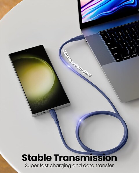 Moxedo CavoX Pro USB-C to USB-C Silicone Cable 60W PD Fast Charge and Data Sync Compatible for iPhone15/ MacBook Pro 2020, iPad Pro 2020, iPad Air 4, Samsung Galaxy S23+/S23 Ultra (Blue, 2m)