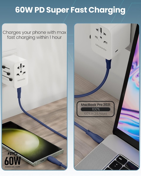 Moxedo CavoX Pro USB-C to USB-C Silicone Cable 60W PD Fast Charge and Data Sync Compatible for iPhone15/ MacBook Pro 2020, iPad Pro 2020, iPad Air 4, Samsung Galaxy S23+/S23 Ultra (Blue, 2m)