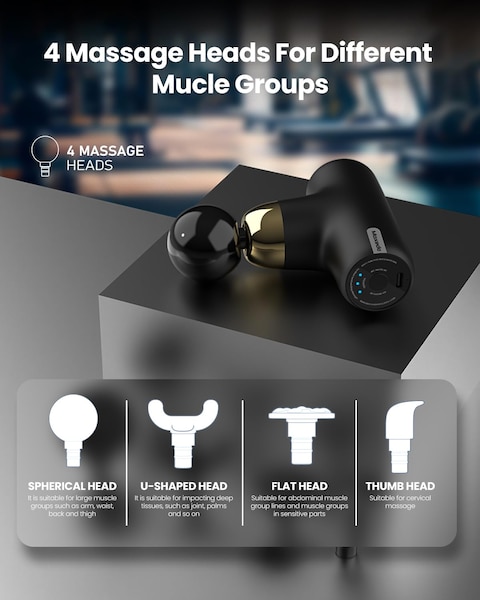 Moxedo Multi-function Muscle Massager Portable Cordless Handheld Percussion Gun Deep Tissue Massager with 4 Interchangeable Massage Heads (Black)